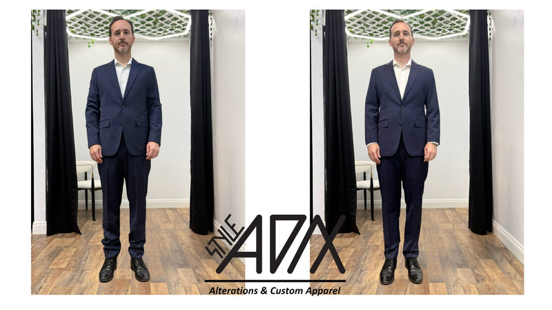 Before and after pairs from the Style Adix fitting room: suits, gowns, a skirt, a costume and a relined garment, each shown unaltered beside the finished alteration