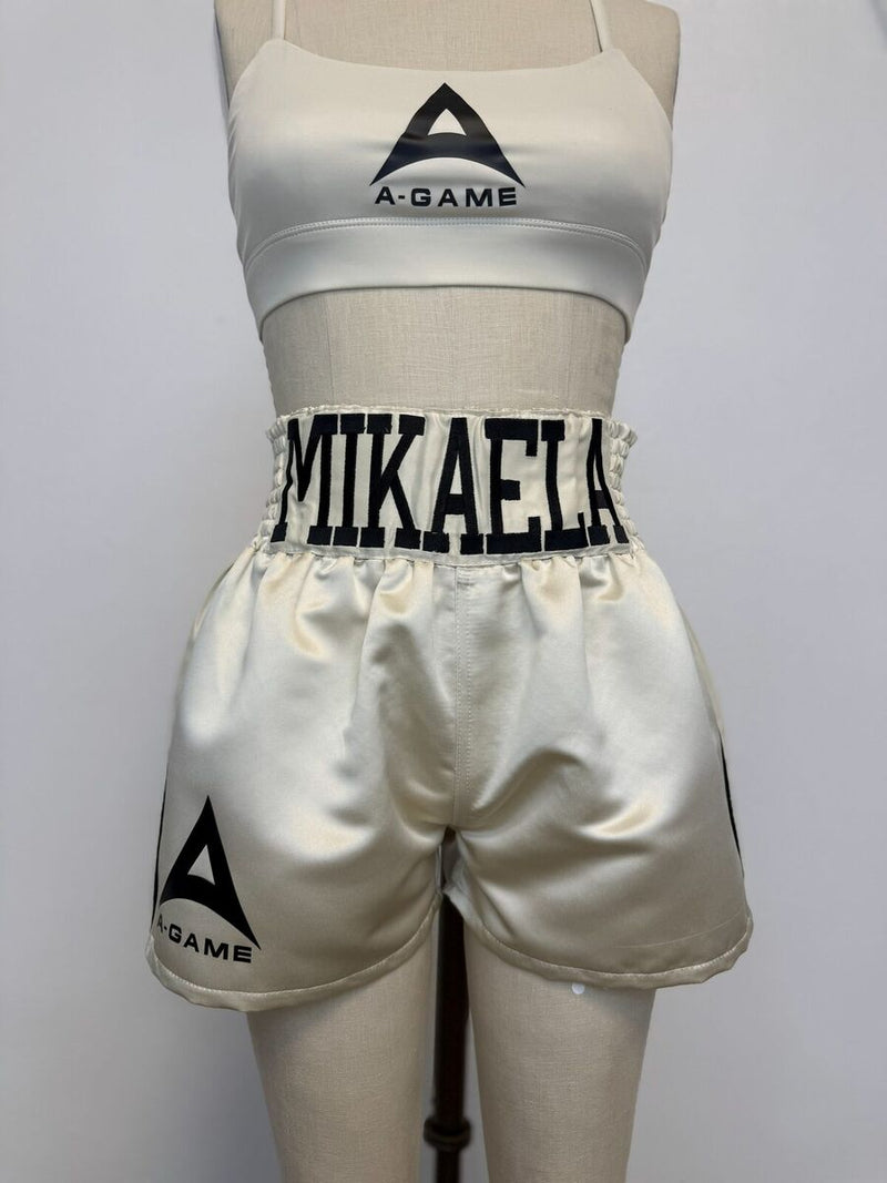 Cream satin ring wear set with embroidered lettering