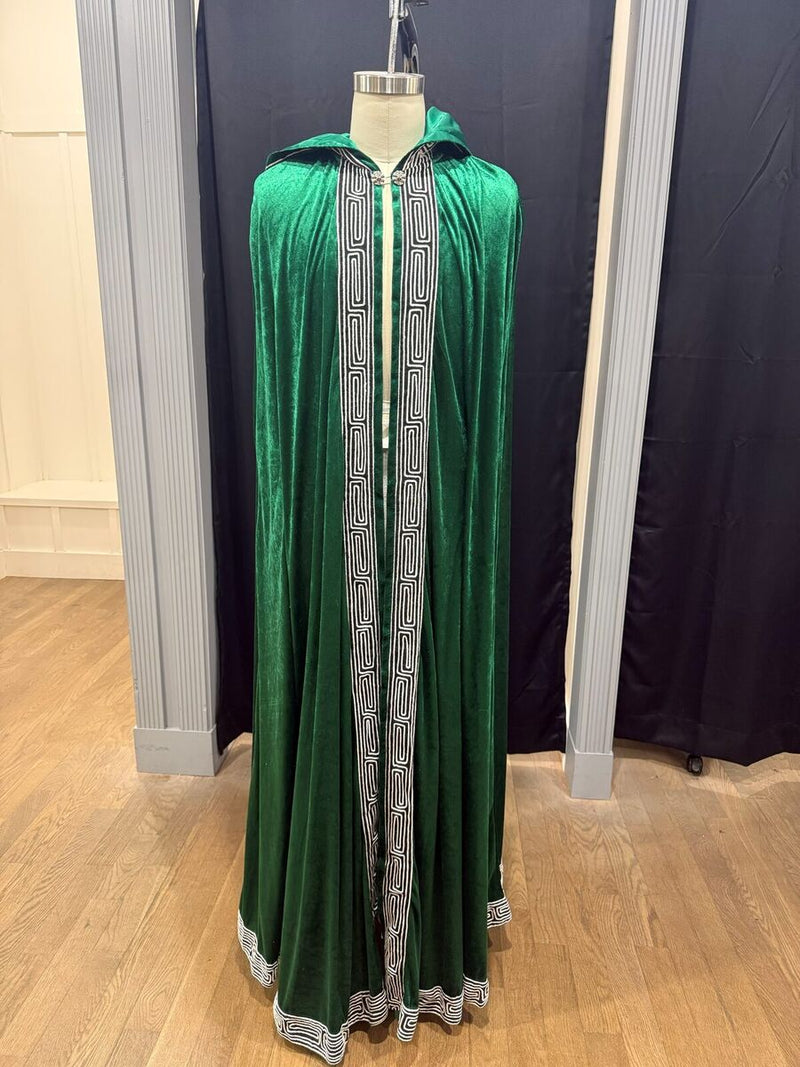 Emerald velvet cloak with embroidered trim