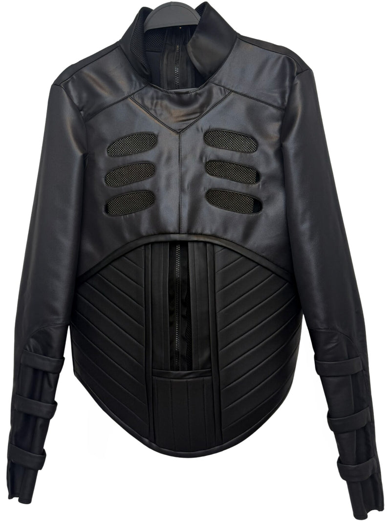 Custom leather armour jackets built for production — moulded chest plate, mesh ventilation panels, corset-laced caped collar, and the finished run on the rack