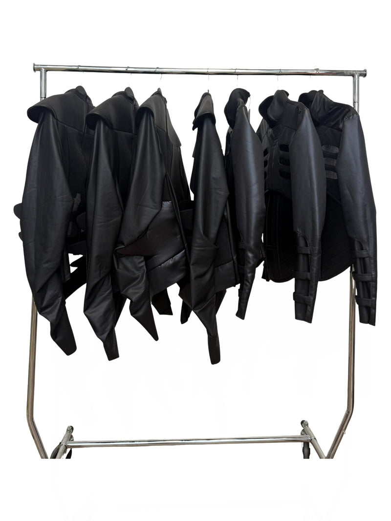 The finished run of custom leather armour jackets on the rack in the Style Adix workroom