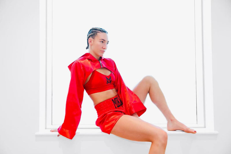 Custom satin ring wear built for boxer Mikaela Mayer’s bout against Alycia Baumgardner