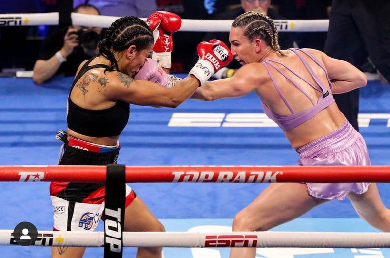 Custom satin ring wear built for boxer Mikaela Mayer’s bout against Erica Farias