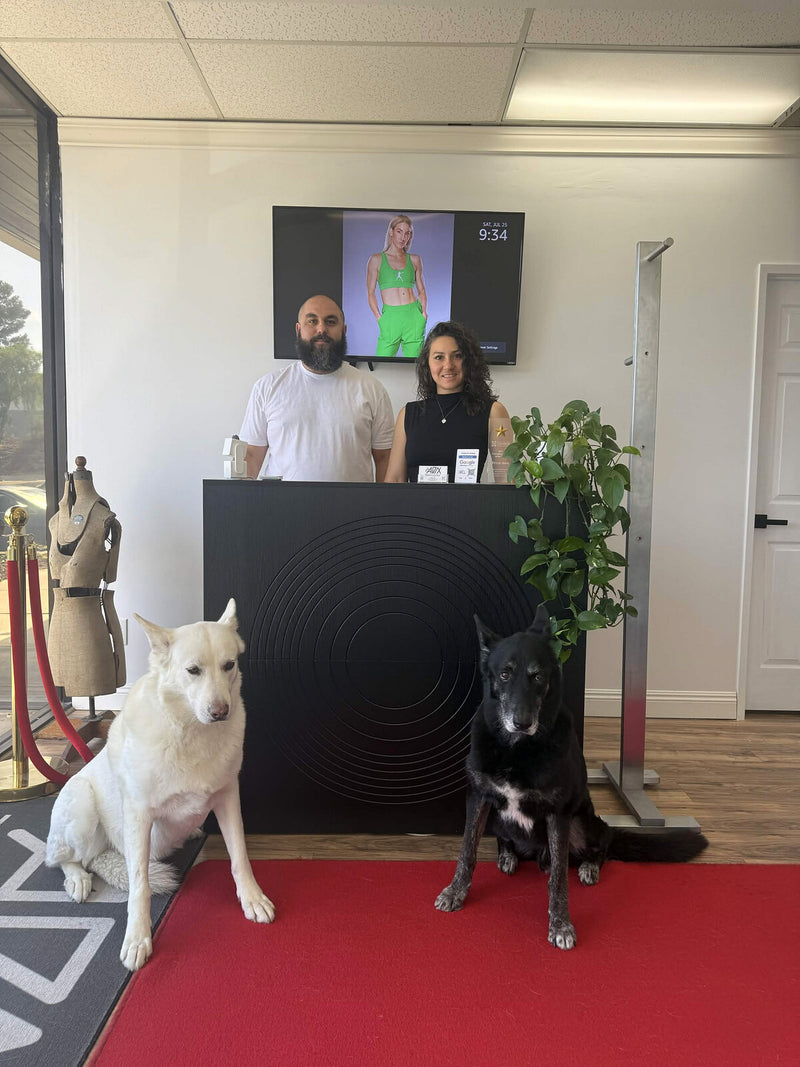 The Style Adix reception desk, with the team and two dogs on the red carpet